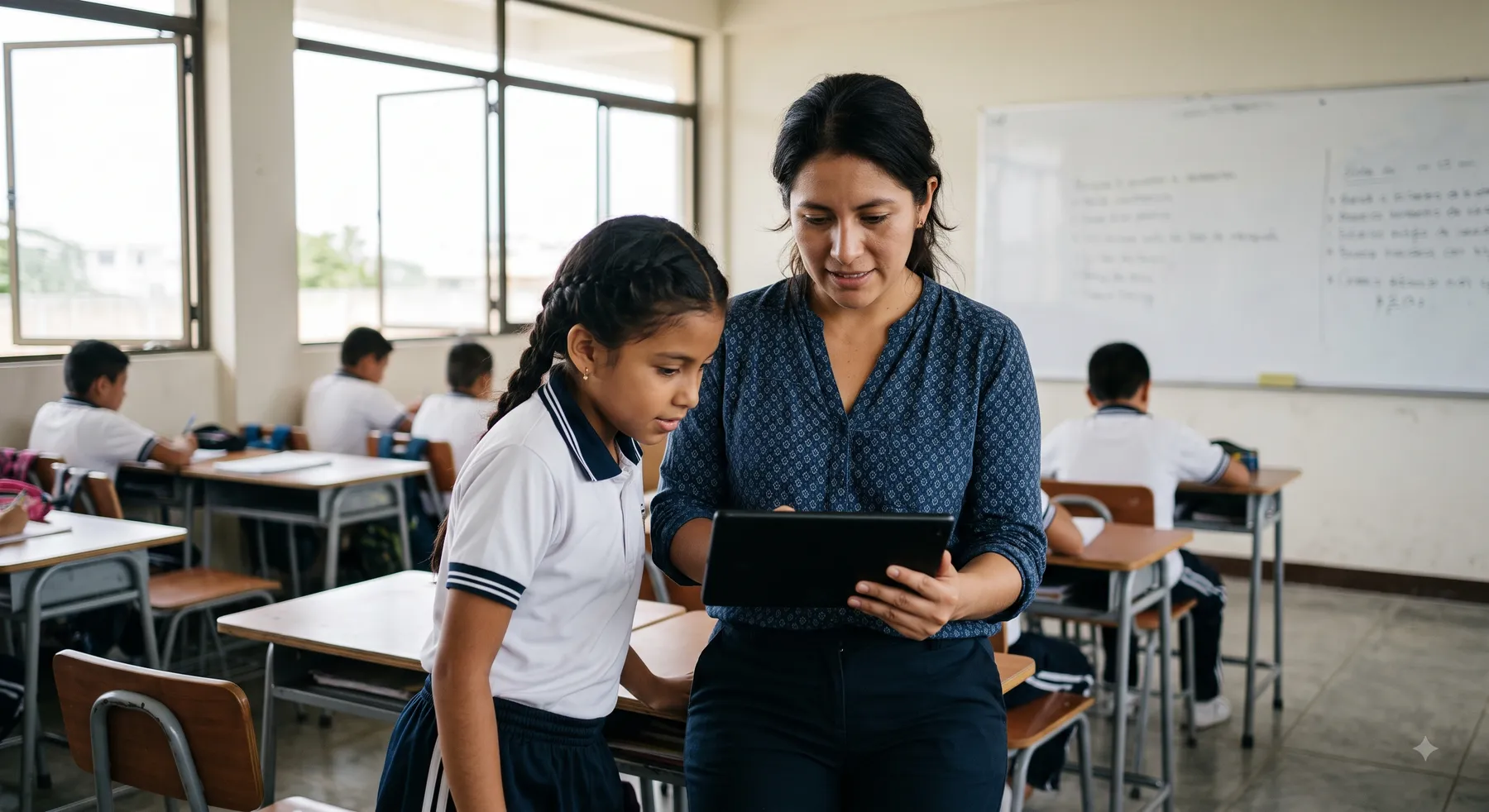 Una docente revisa el avance de una estudiante en una tablet