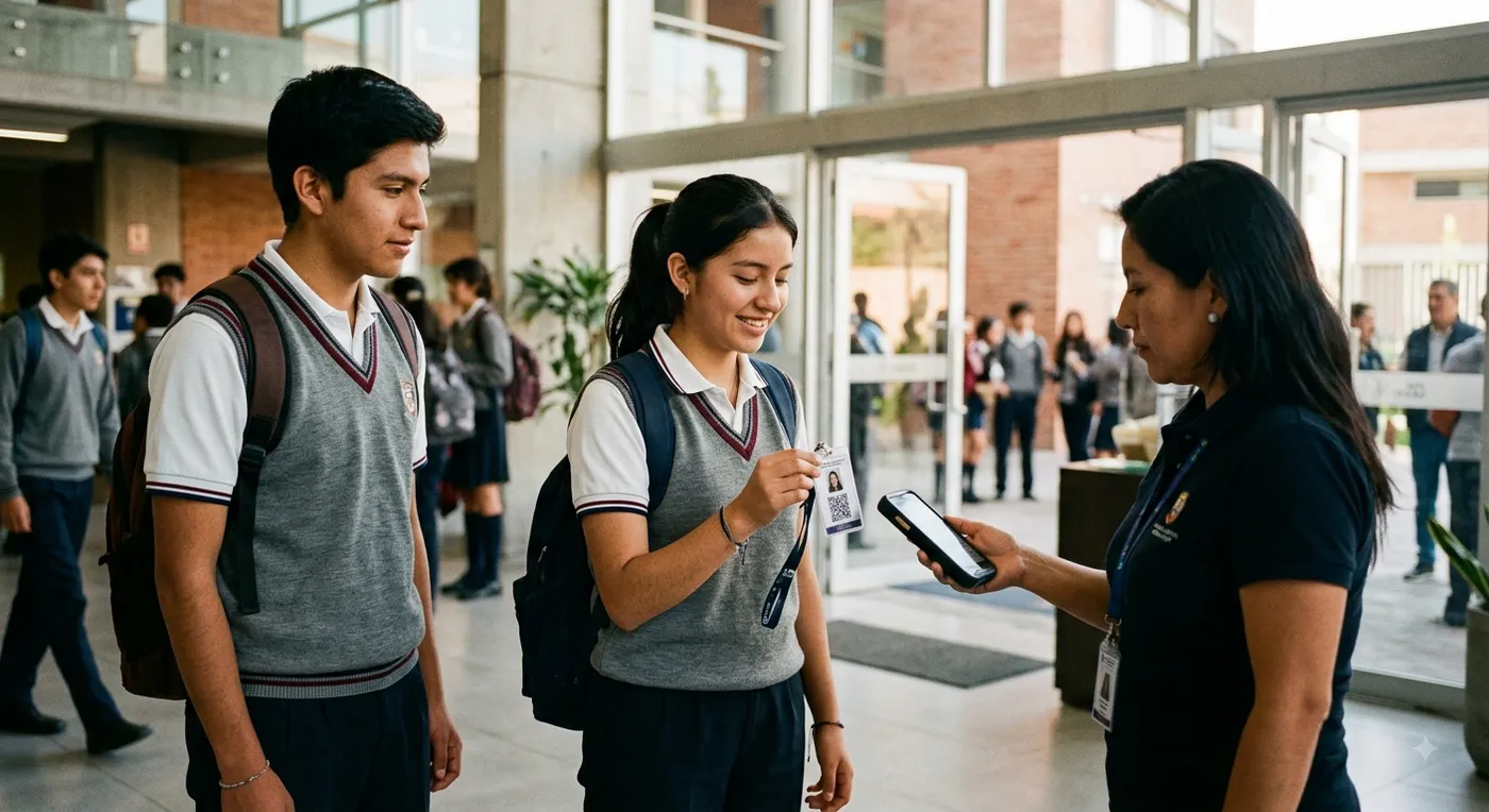 Una inspectora escanea el carné QR de una estudiante en el ingreso